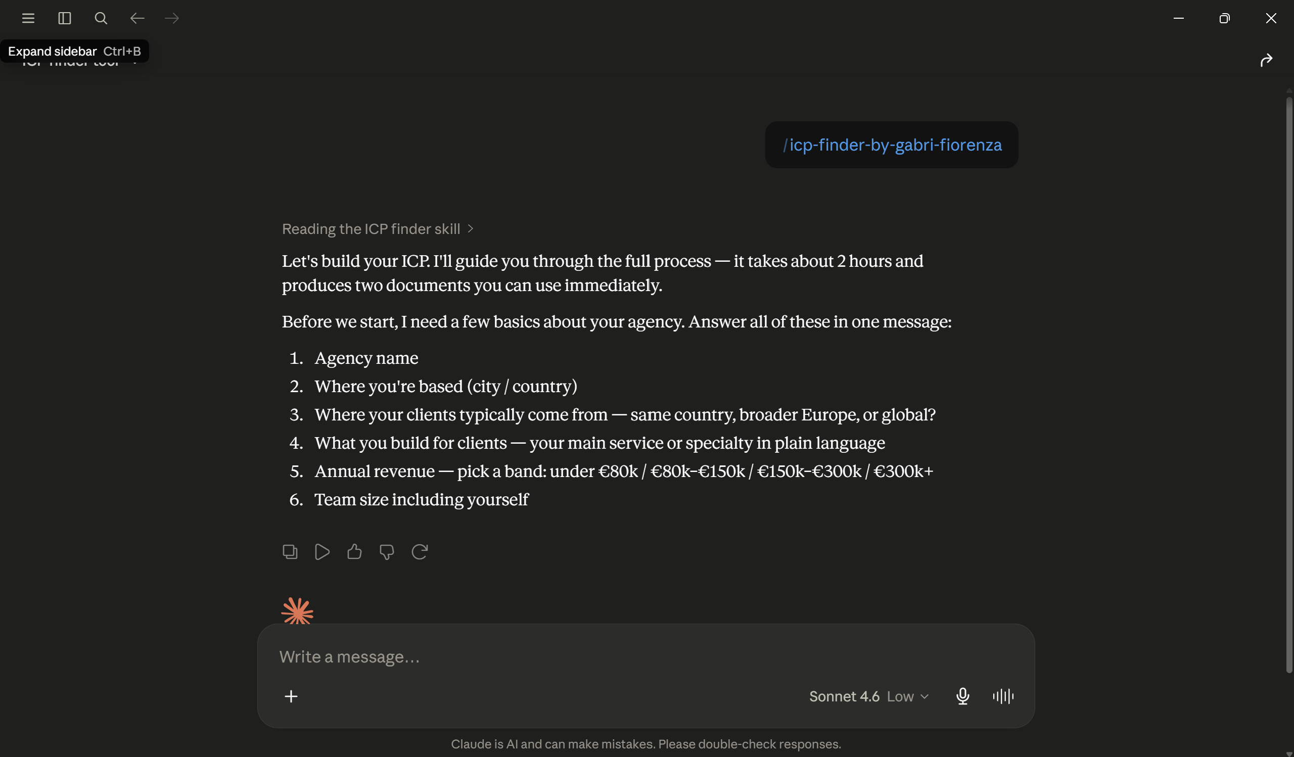 ICP Finder Claude session screenshot